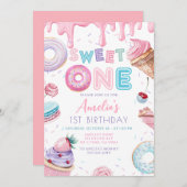 スウィートワンスイーツデザートドーナットキャンディ誕生日 招待状 (正面/裏面)