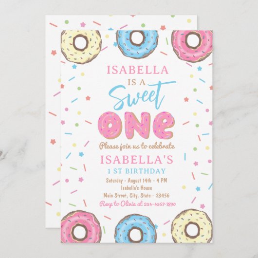 スウィートワンスプリンクルズドーナツ1st誕生日パーティー 招待状 (正面/裏面)