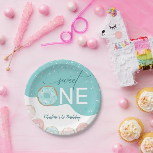 スウィートワンティール（緑がかった色）つや消しガールズファースト誕生日 ペーパープレート (パーティー)
