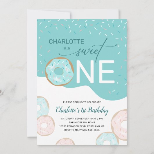 スウィートワンティール(緑がかった色)つや消しガールズ1歳の誕生日の招待 招待状 (正面)