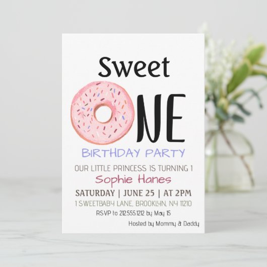 スウィートワンドーナットガールズファースト誕生日パーティー招待状 招待状 (スタンド正面)