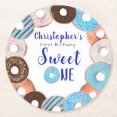 スウィートワンドーナツブルーボーイー1st誕生日パーティー ラウンドペーパーコースター (正面)
