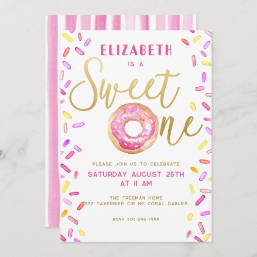 スウィートワンドーナツ女の子1st誕生日パーティーピンク 招待状 (正面/裏面)