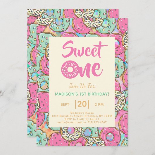 スウィートワンドーナツ1st誕生日パーティの招待状 招待状 (正面/裏面)
