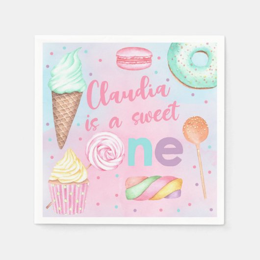 スウィートワンバースデー紙ナプキンパーティー供給。 スタンダードカクテルナプキン (正面)