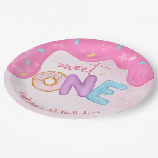 スウィートワンピンクつや消しガールズファースト誕生日 ペーパープレート (アングル)