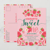 スウィートワンピンクイチゴ1歳誕生日お知らせ ポストカード (正面/裏面)