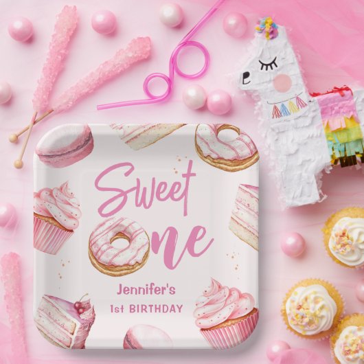 スウィートワンピンクキュートドーナツ女の子1st誕生日パーティー ペーパープレート (パーティー)