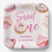 スウィートワンピンクキュートドーナツ女の子1st誕生日パーティー ペーパープレート (正面)