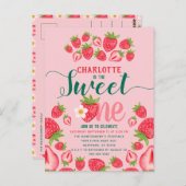 スウィートワンピンクストロベリー1st誕生日招待状 ポストカード (正面/裏面)