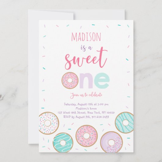 スウィートワンピンクドーナスファースト誕生日 招待状 (正面)