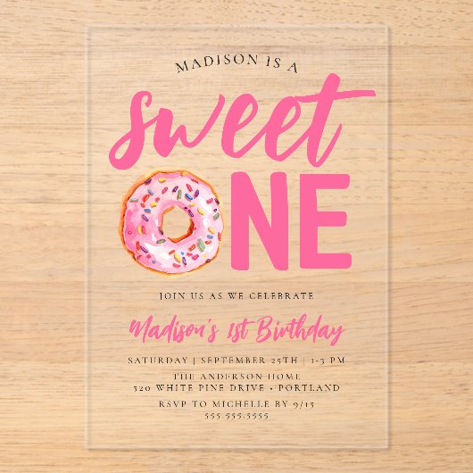 スウィートワンピンクドーナツ1歳の誕生日 アクリル招待状 (正面)