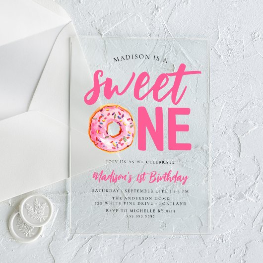スウィートワンピンクドーナツ1歳の誕生日 アクリル招待状