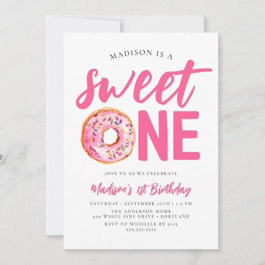 スウィートワンピンクドーナツ1歳の誕生日 招待状 (正面)