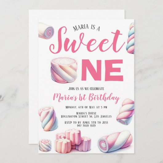 スウィートワンピンクマーシュマロ1歳の誕生日招待状 招待状 (正面/裏面)