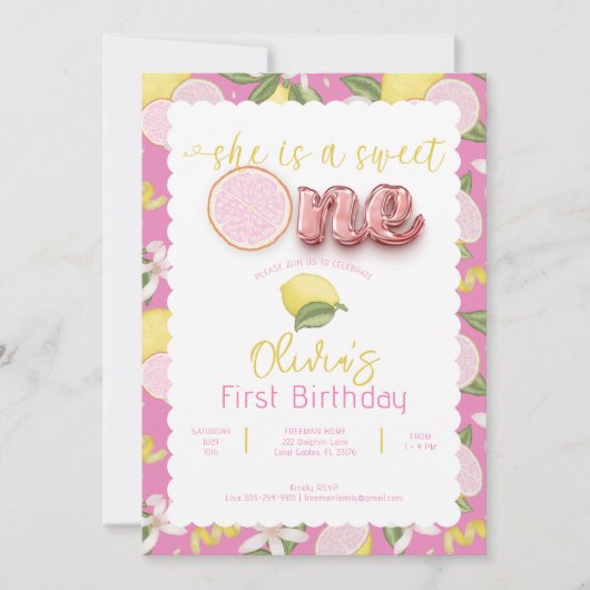 スウィートワンピンクレモネード1st誕生日招待状 招待状 (正面)
