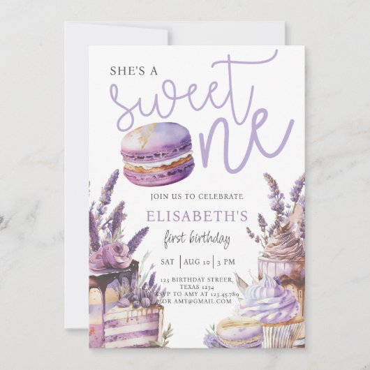 スウィートワンファースト誕生日パステルヴァイオレット 招待状 (正面)
