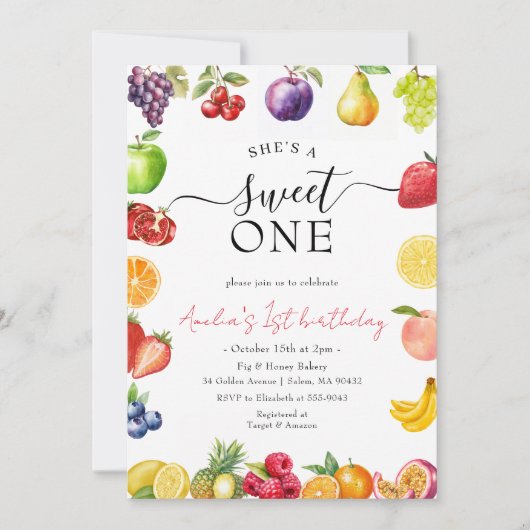 スウィートワンフルーツをテーマにした女の子1歳の誕生日 招待状 (正面)