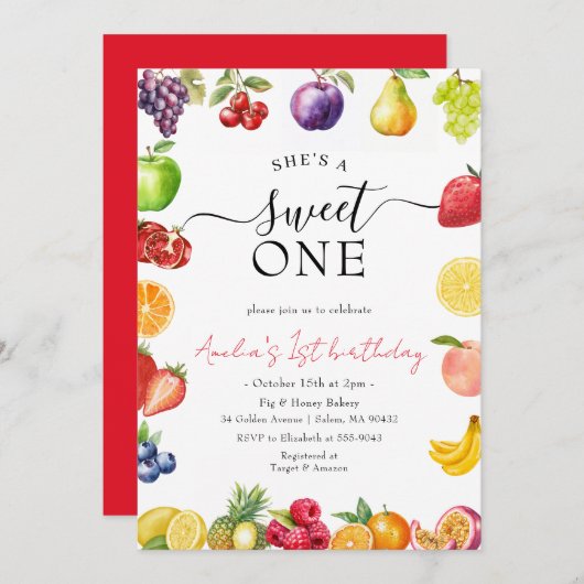 スウィートワンフルーツをテーマにした女の子1歳の誕生日 招待状 (正面/裏面)