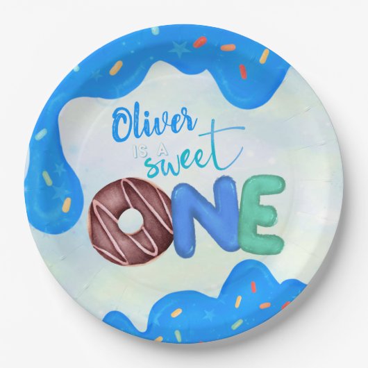 スウィートワンブルーつや消しボーイズファースト誕生日 ペーパープレート (正面)