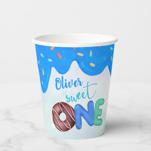 スウィートワンブルーつや消しボーイズファースト誕生日 紙コップ (正面)