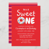 スウィートワンブルードーナツボーイ1歳の誕生日 招待状 (正面/裏面)