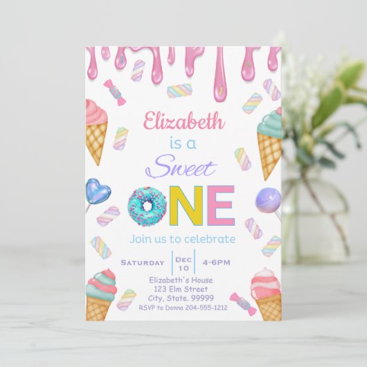 スウィートワンベビーガール1st誕生日招待状 招待状 (スタンド正面)