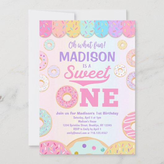 スウィートワンレインボードーナツ1st誕生日招待状 招待状 (正面)