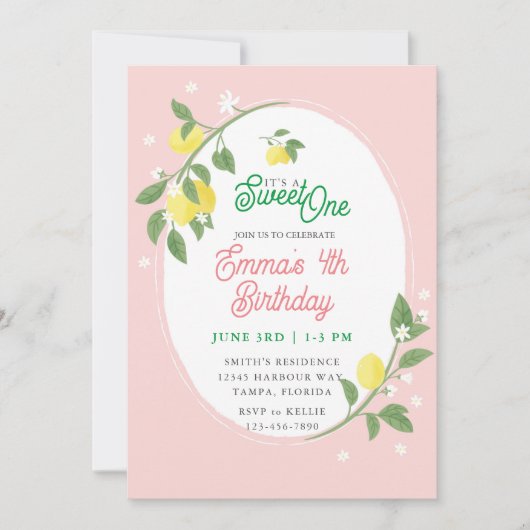 スウィートワンレモン&フローラをテーマにした誕生日パーティー 招待状 (正面)