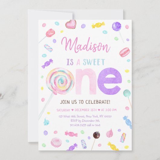 スウィートワン棒つきキャンデーキャンディファースト誕生日 招待状 (正面)