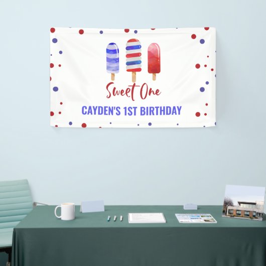 スウィートワン第1バースデーポップ・アートのアイス7月4日 横断幕 (トレードショー)