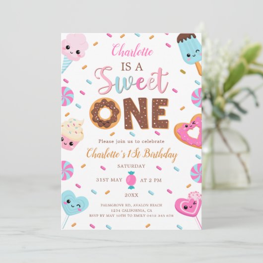 スウィートワン誕生日ドーナツキャンディ1St誕生日 招待状 (スタンド正面)