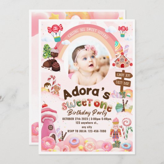 スウィートワン誕生日ドーナツ誕生日招待状 セーブザデート (正面/裏面)
