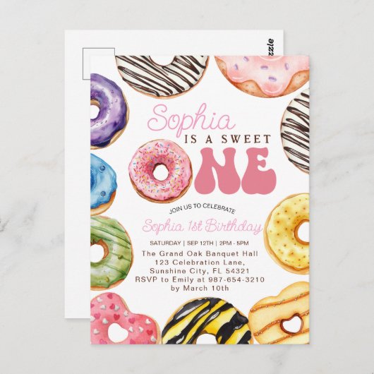 スウィートワン誕生日招待状, 女の子の1歳誕生日 ポストカード (正面/裏面)