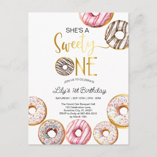 スウィートワン誕生日招待状, 1歳の女の子 ポストカード (正面)