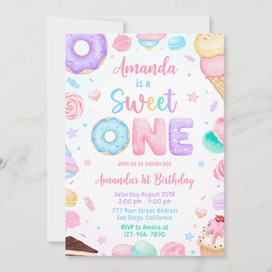 スウィートワン誕生日招待状、1stバースデーガール1 招待状 (正面)