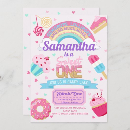 スウィートワン1thバースデーキャンディランドパーティの招待状 招待状 (正面/裏面)