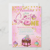 スウィートワン1thバースデーピンクフェイクグリッタードーナツ 招待状 (正面)