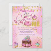 スウィートワン1thバースデーピンクフェイクグリッタードーナツ 招待状 (正面)