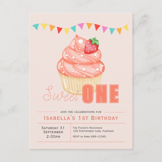 スウィートワン1th誕生日ガール招待状はがき ポストカード (正面)