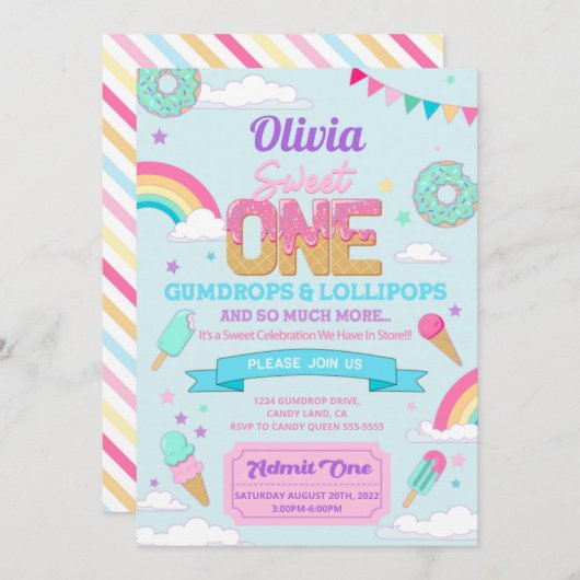 スウィートワン1th誕生日パーティーキャンディランド招待状 招待状 (正面/裏面)