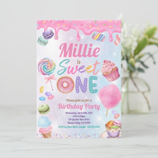スウィートワン1th誕生日パーティーピンクパステルスプリンクル 招待状 (スタンド正面)