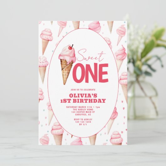 スウィートワン アイスクリーム 1歳の誕生日 招待状 (スタンド正面)
