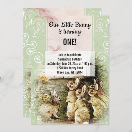 スウィートヴィンテージバニー1st誕生日パーティの招待状 招待状 (正面/裏面)