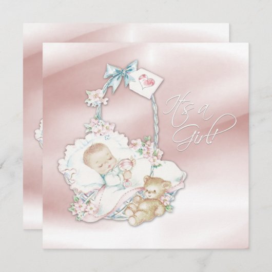 スウィートヴィンテージピンクベビーガールシャワー 招待状 (正面/裏面)