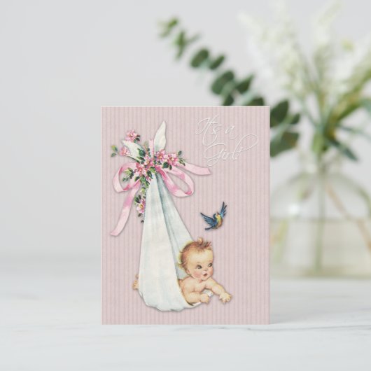 スウィートヴィンテージピンクベビーガールシャワー 招待状 (スタンド正面)