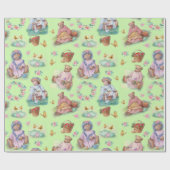 スウィートヴィンテージベアーティーパーティーソフトグリーン&ピンク ラッピングペーパー (フラット)