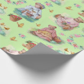 スウィートヴィンテージベアーティーパーティーソフトグリーン&ピンク ラッピングペーパー (角)