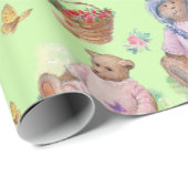 スウィートヴィンテージベアーティーパーティーソフトグリーン&ピンク ラッピングペーパー (ロールコーナー)