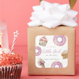 スウィート小さな女の子ピンクカップケーキ&ドーナツ赤ちゃんシャワー スクエアシール